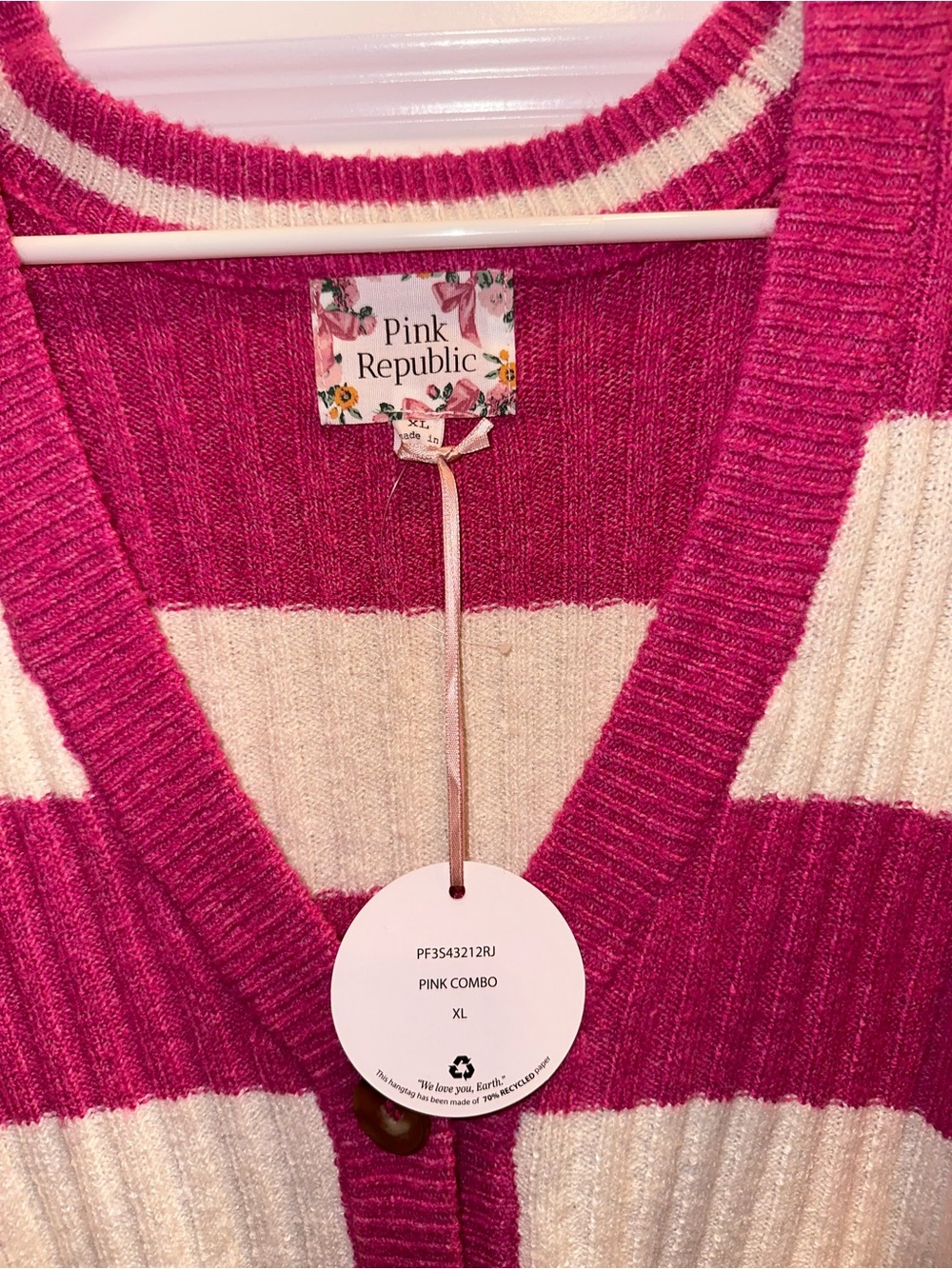 Pink Republic Pink & Cream Striped Ribbed Button Cardigan - Picture 4 of 4